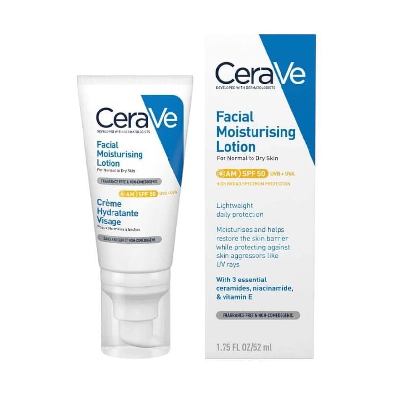 CeraVe AM Facial Moisturising Lotion with Sunscreen SPF50 for Normal to Dry Skin 52ml 1 CeraVe AM Facial Moisturising Lotion with Sunscreen SPF50 for Normal to Dry Skin 52ml