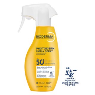 Family-friendly sunscreen spray for face and body with very high UVB/UVA protection in an invisible, non-greasy, water-, heat- and humidity-resistant formula