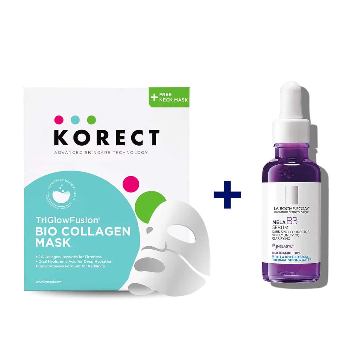 La Roche-Posay MELA B3 Dark Spot Serum with MELASYL™ + Niacinimide + Korect TriGlowFusion™ Bio Collagen Face Mask + FREE Neck Mask (2-Piece Treatment Set) Bundle 1 La Roche-Posay MELA B3 Dark Spot Serum with MELASYL™ + Niacinimide + Korect TriGlowFusion™ Bio Collagen Face Mask + FREE Neck Mask (2-Piece Treatment Set) Bundle