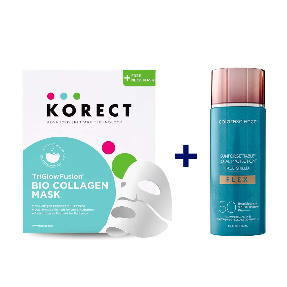 Colorescience Total Protection Face Shield Flex (Medium) SPF50 55ml + Korect TriGlowFusion™ Bio Collagen Face Mask + FREE Neck Mask (2-Piece Treatment Set) Bundle 1 Colorescience Total Protection Face Shield Flex (Medium) SPF50 55ml + Korect TriGlowFusion™ Bio Collagen Face Mask + FREE Neck Mask (2-Piece Treatment Set) Bundle